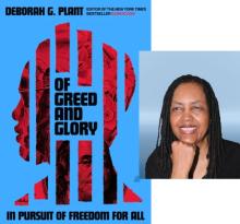 Deborah Plant and the cover of her book, Of Greed And Glory