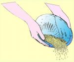 cartoon of two hands holding a cone-shaped bowl and pouring rice out of it