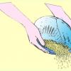 cartoon of two hands holding a cone-shaped bowl and pouring rice out of it