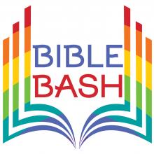 Bible Bash Logo Rainbow book with words Bible Bash