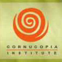 logo for Cornucopia Institute, an orange spiral on light green background