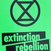 Extinction Rebellion logo of a black hourglass in a circle on a green background